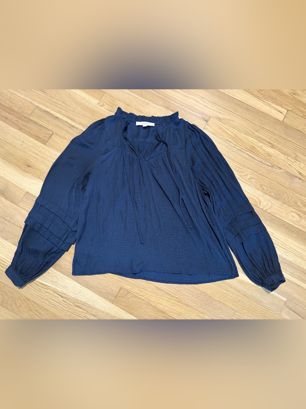 Loft Navy Peasant Blouse with Tie Neck
